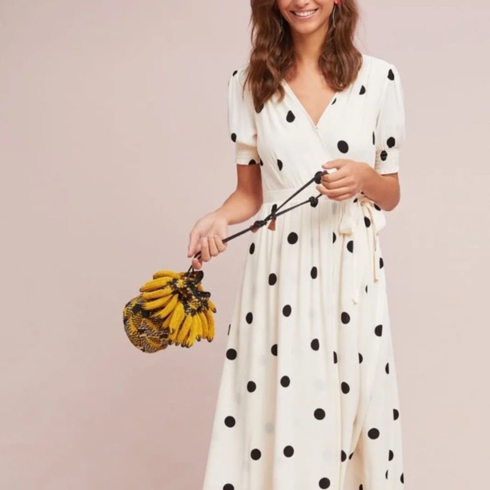 Anthropologie Cream Midi Dress with Black Polka Dots